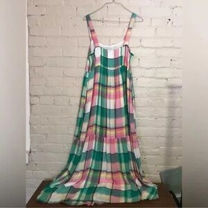 LOFT Preppy Pink Green Yellow White Plaid Medium Sleeveless Strap Maxi Sundress